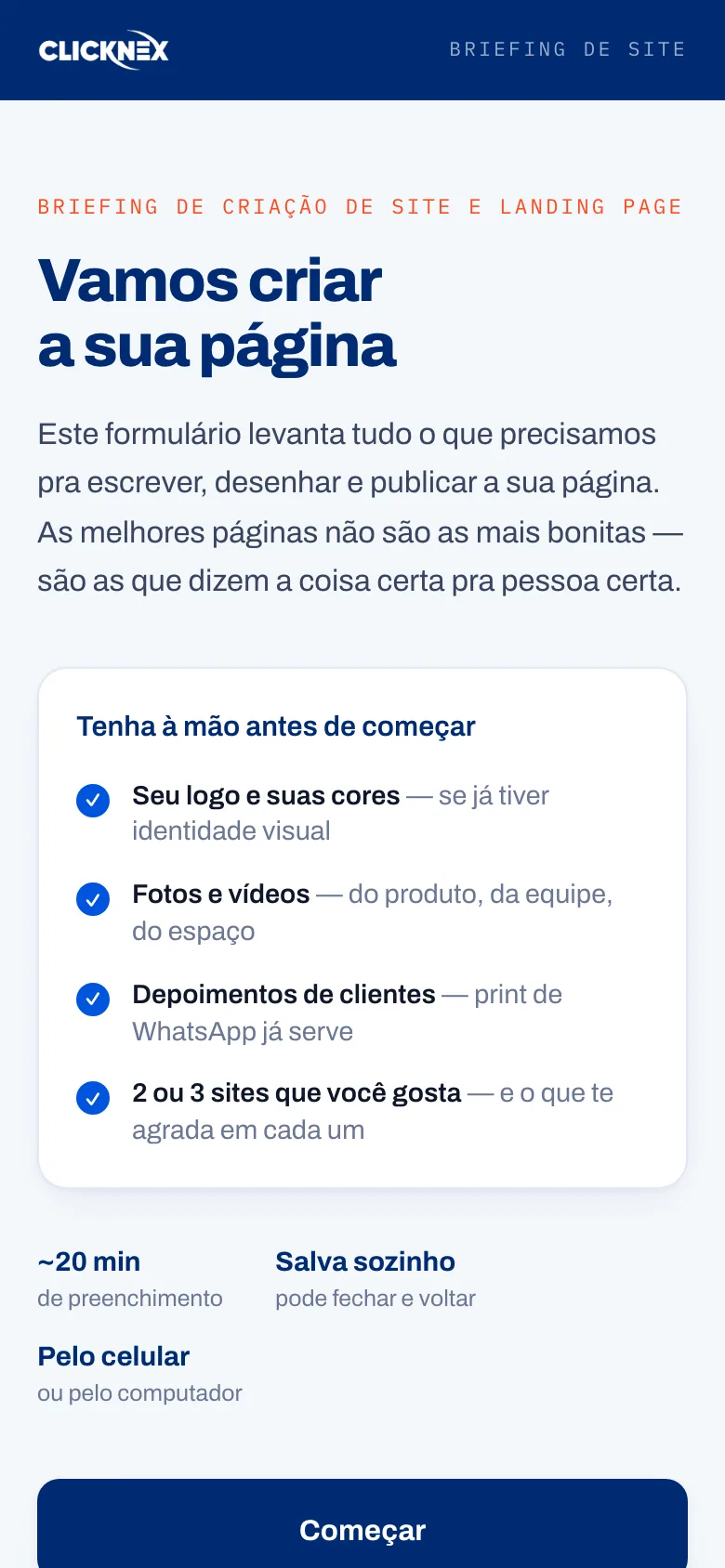 Briefing IA — formulário no celular