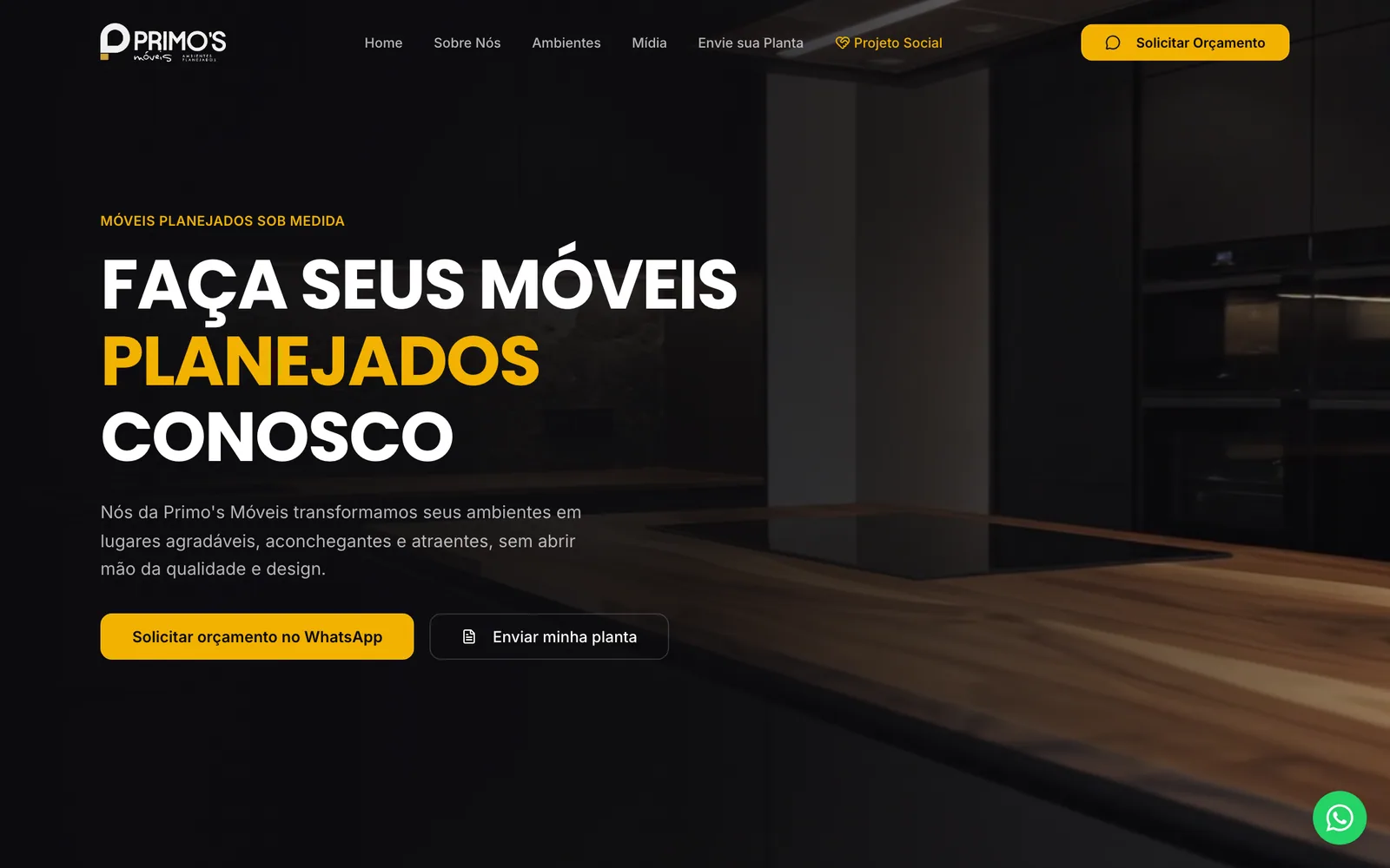 Site da Primo's Móveis Planejados no desktop, com o catálogo de ambientes