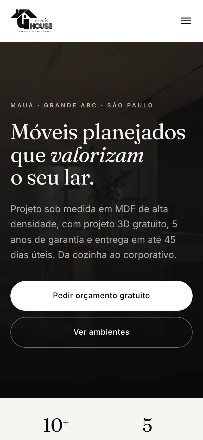 Site da Studio House Móveis Planejados — página inicial no celular